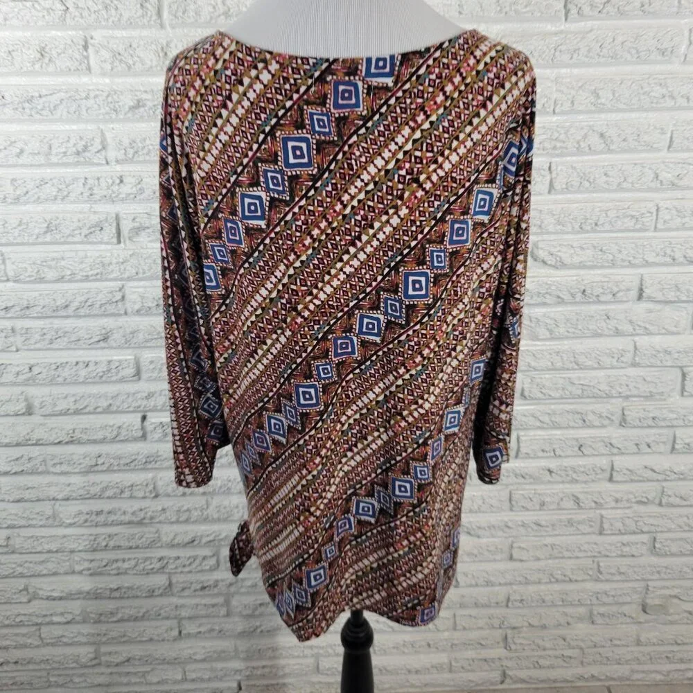 Carol Taylor Women's XL Brown Blue Geometric Dolman 3/4 Sleeve Pullover GEO185XE